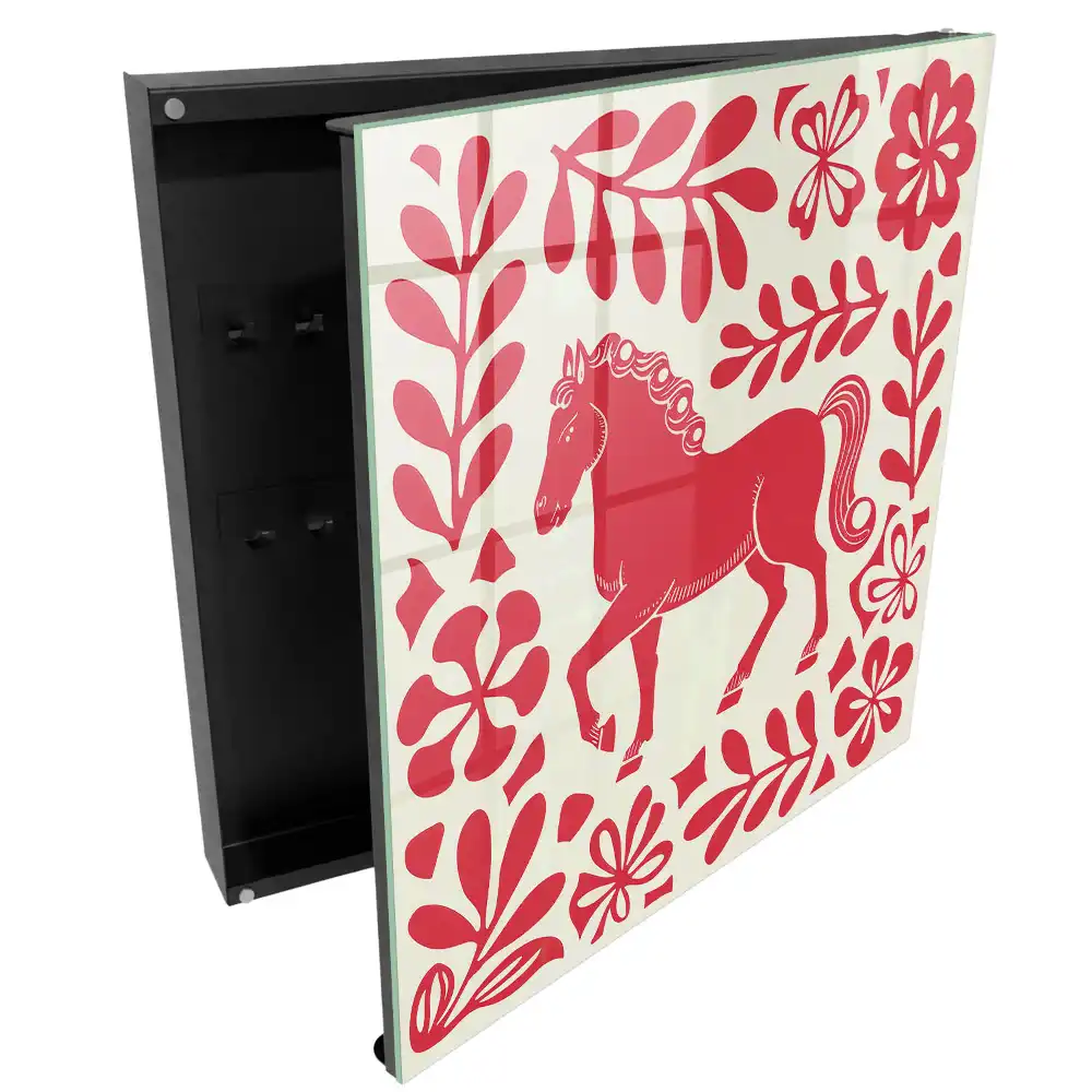 Boîte à clés murale cheval rouge avec motifs végétaux