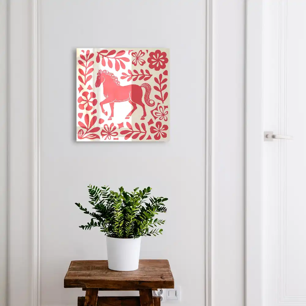 Boîte à clés murale cheval rouge avec motifs végétaux