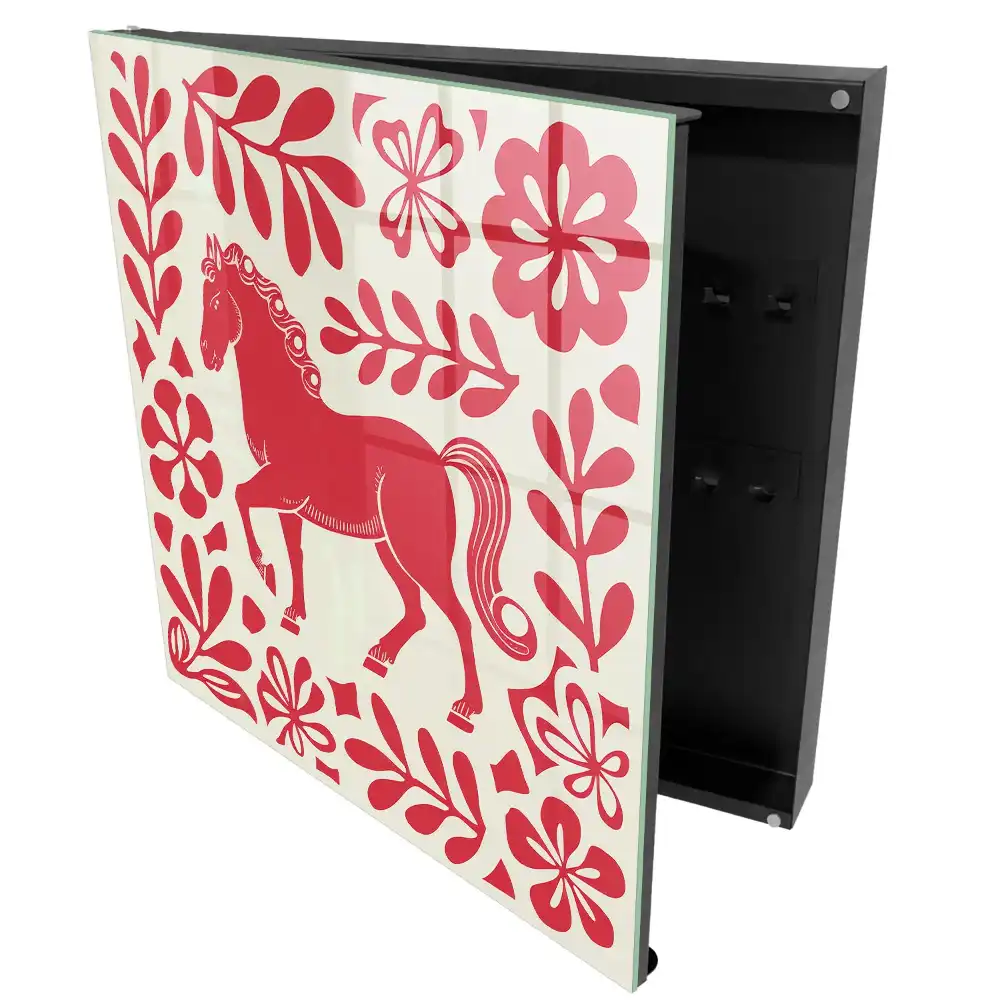 Boîte à clés murale cheval rouge avec motifs végétaux
