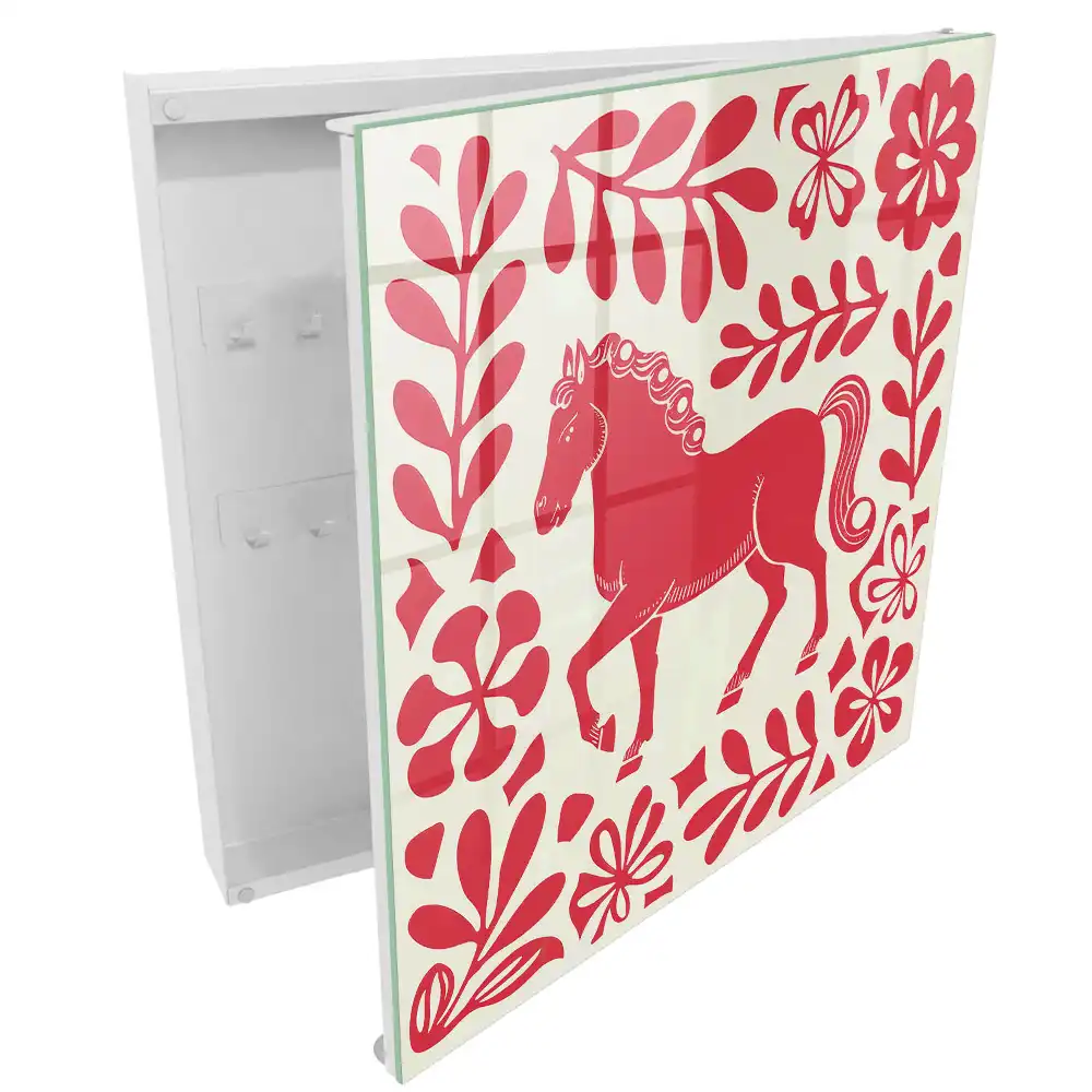 Boîte à clés murale cheval rouge avec motifs végétaux
