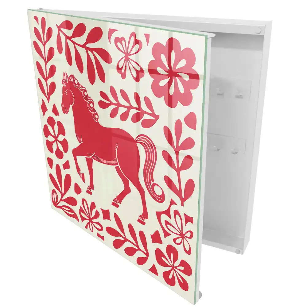 Boîte à clés murale cheval rouge avec motifs végétaux