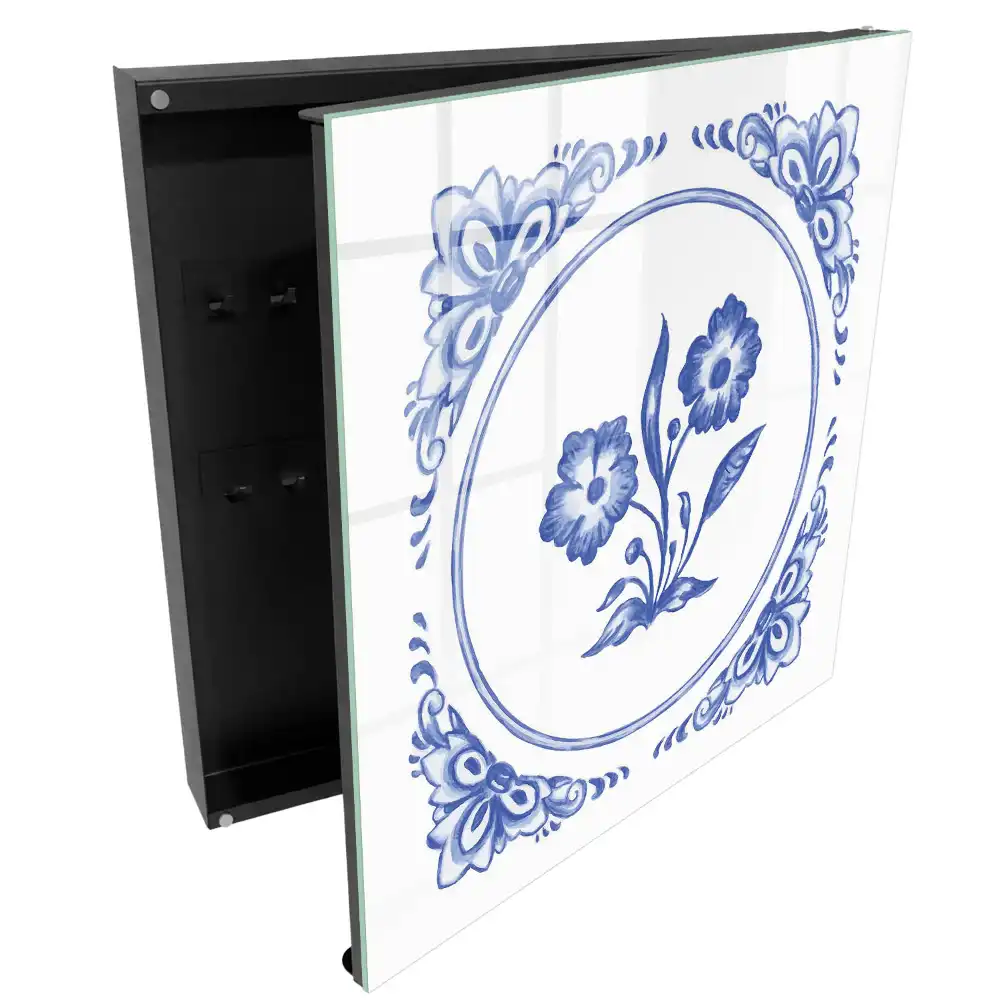 Boîte à clés murale motif floral dans les tons de bleu