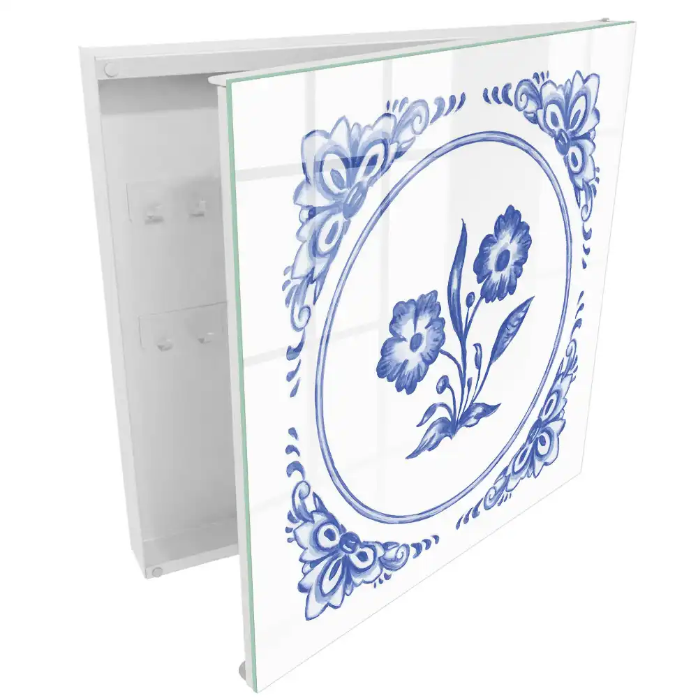 Boîte à clés murale motif floral dans les tons de bleu