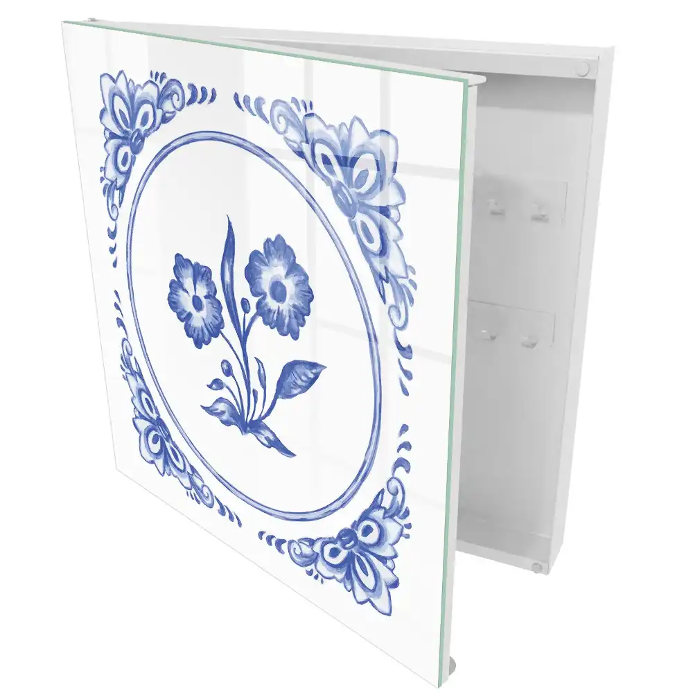 Boîte à clés murale motif floral dans les tons de bleu