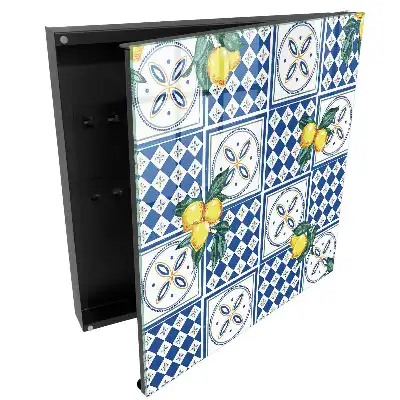 Boîte à clés murale citrons jaunes sur carreaux géométriques bleus