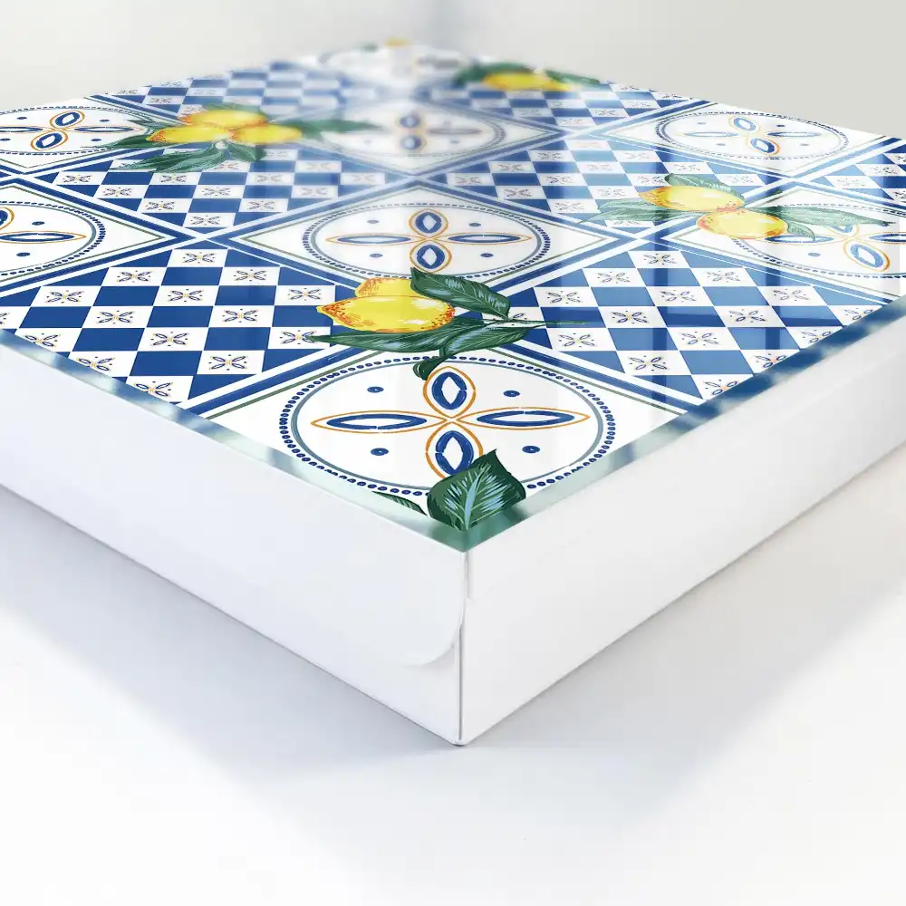 Boîte à clés murale citrons jaunes sur carreaux géométriques bleus