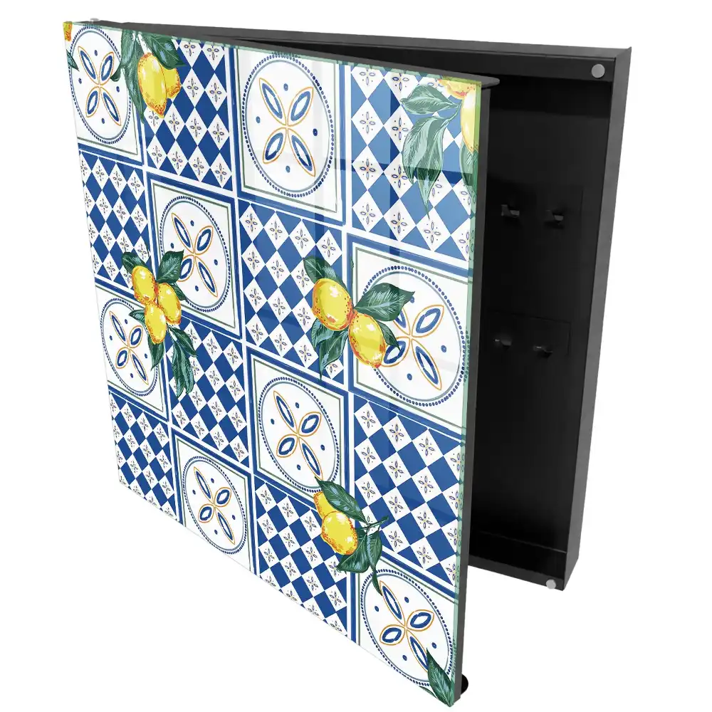 Boîte à clés murale citrons jaunes sur carreaux géométriques bleus