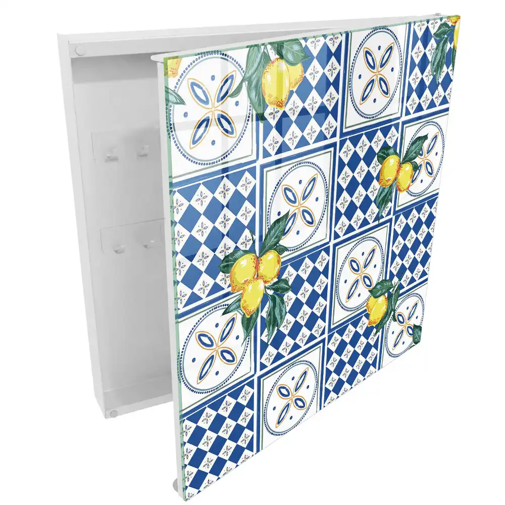Boîte à clés murale citrons jaunes sur carreaux géométriques bleus