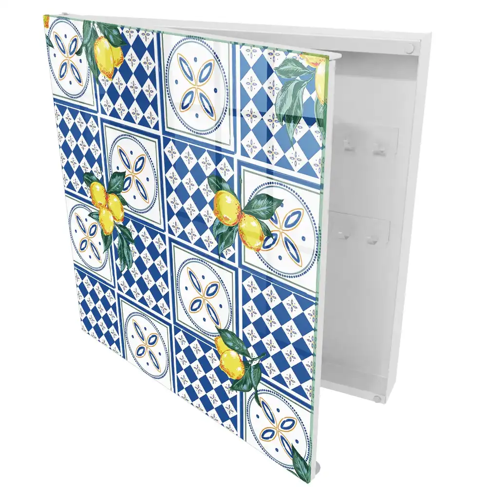 Boîte à clés murale citrons jaunes sur carreaux géométriques bleus