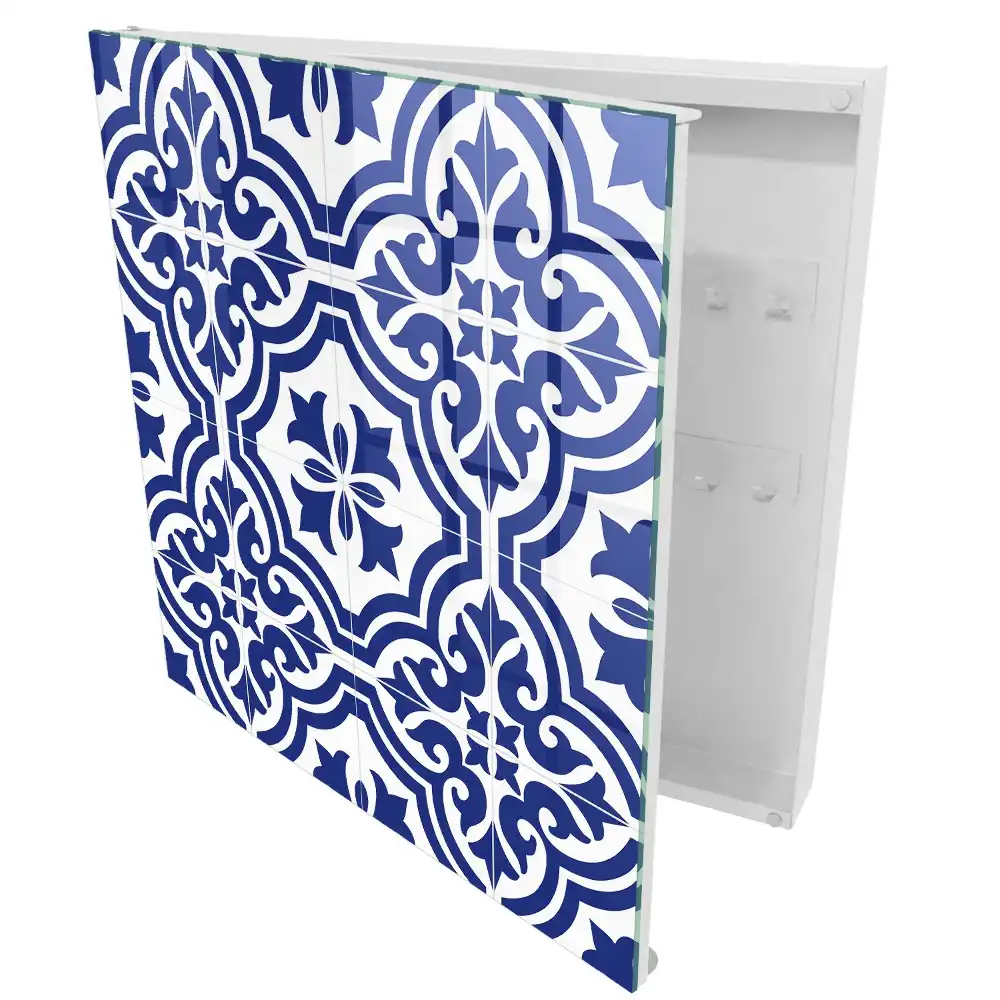 Boîte à clés murale motif traditionnel dans les tons bleus et blancs