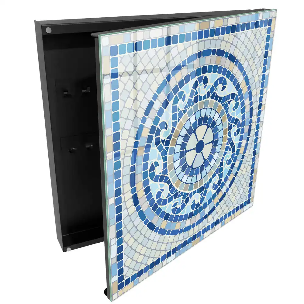 Boîte à clés mosaïque ronde dans les tons bleus et beiges