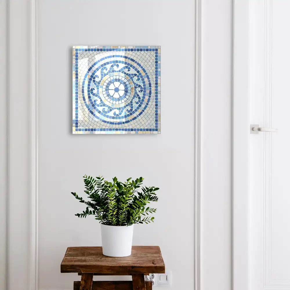 Boîte à clés mosaïque ronde dans les tons bleus et beiges