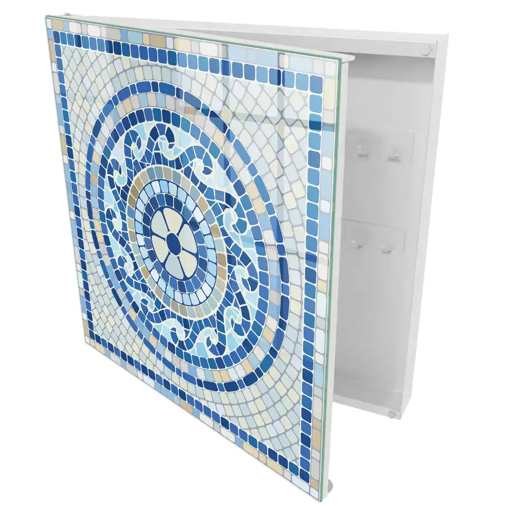 Boîte à clés mosaïque ronde dans les tons bleus et beiges