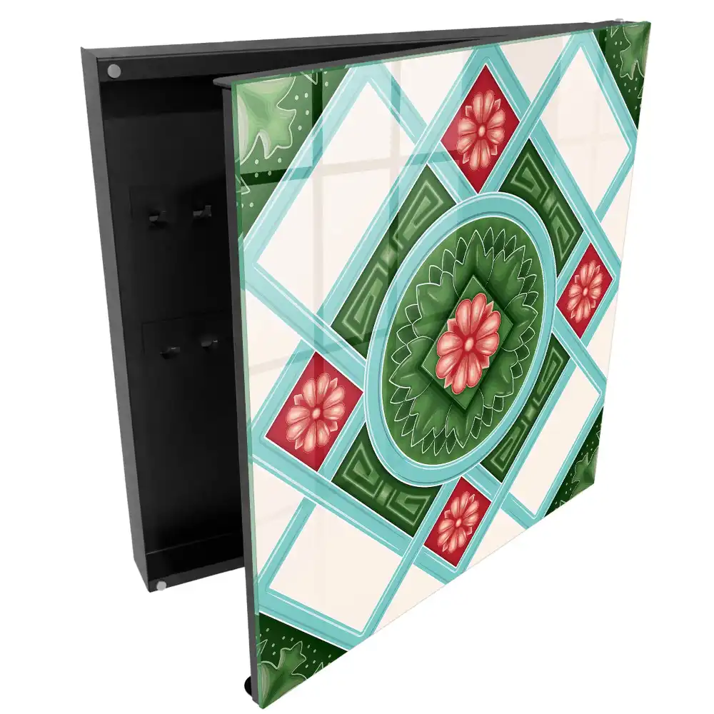 Boîte à clés motifs géométriques avec des fleurs vertes rouges et bleues