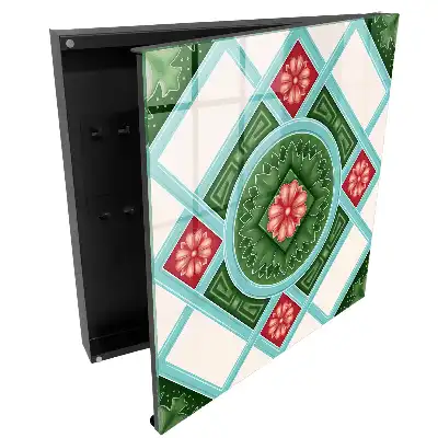 Boîte à clés motifs géométriques avec des fleurs vertes rouges et bleues