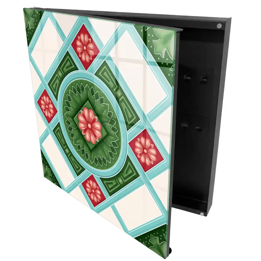 Boîte à clés motifs géométriques avec des fleurs vertes rouges et bleues