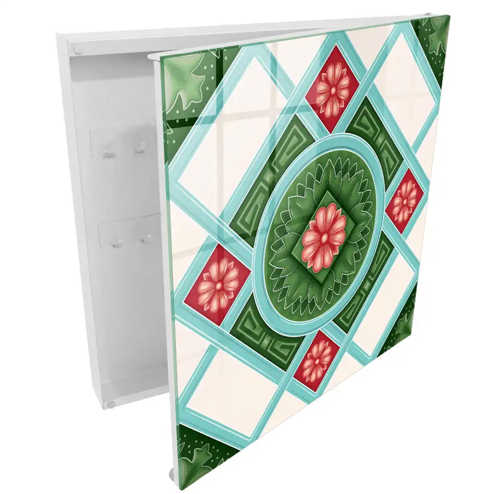 Boîte à clés motifs géométriques avec des fleurs vertes rouges et bleues