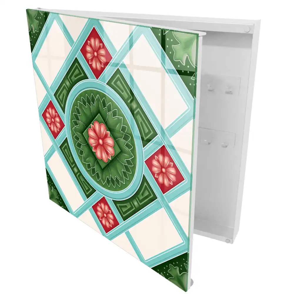 Boîte à clés motifs géométriques avec des fleurs vertes rouges et bleues