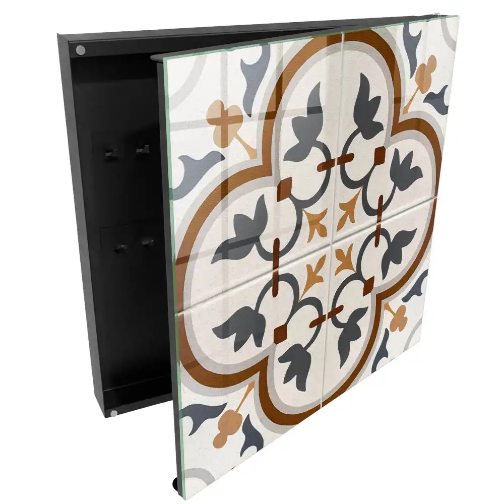 Armoire à clés géométrie florale avec une dominance de beige et de gris