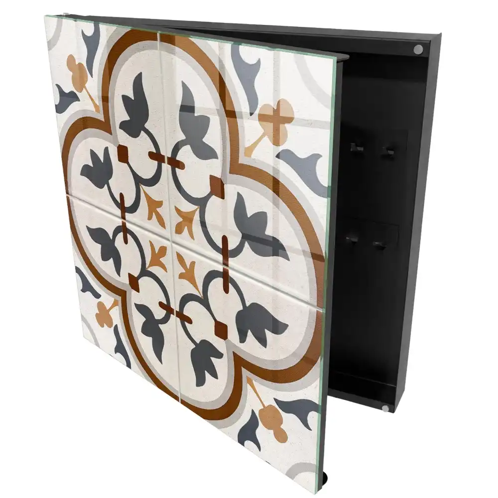 Armoire à clés géométrie florale avec une dominance de beige et de gris