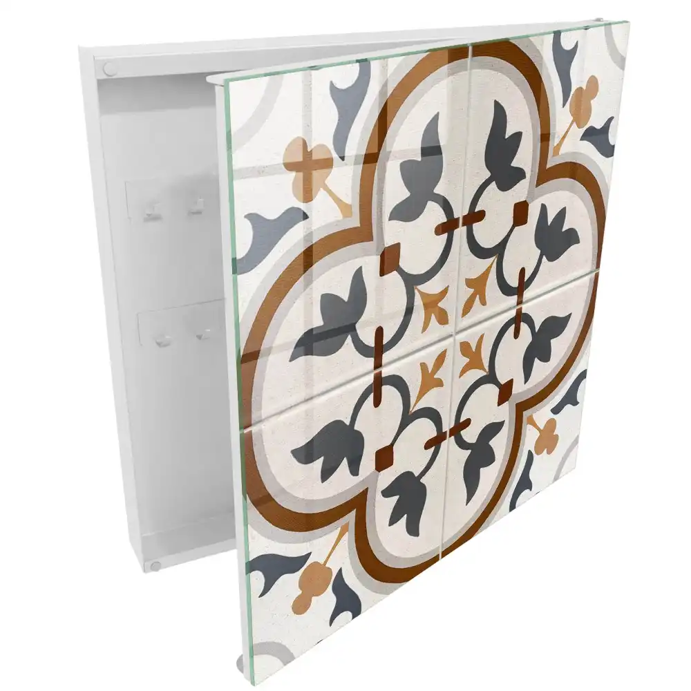Armoire à clés géométrie florale avec une dominance de beige et de gris