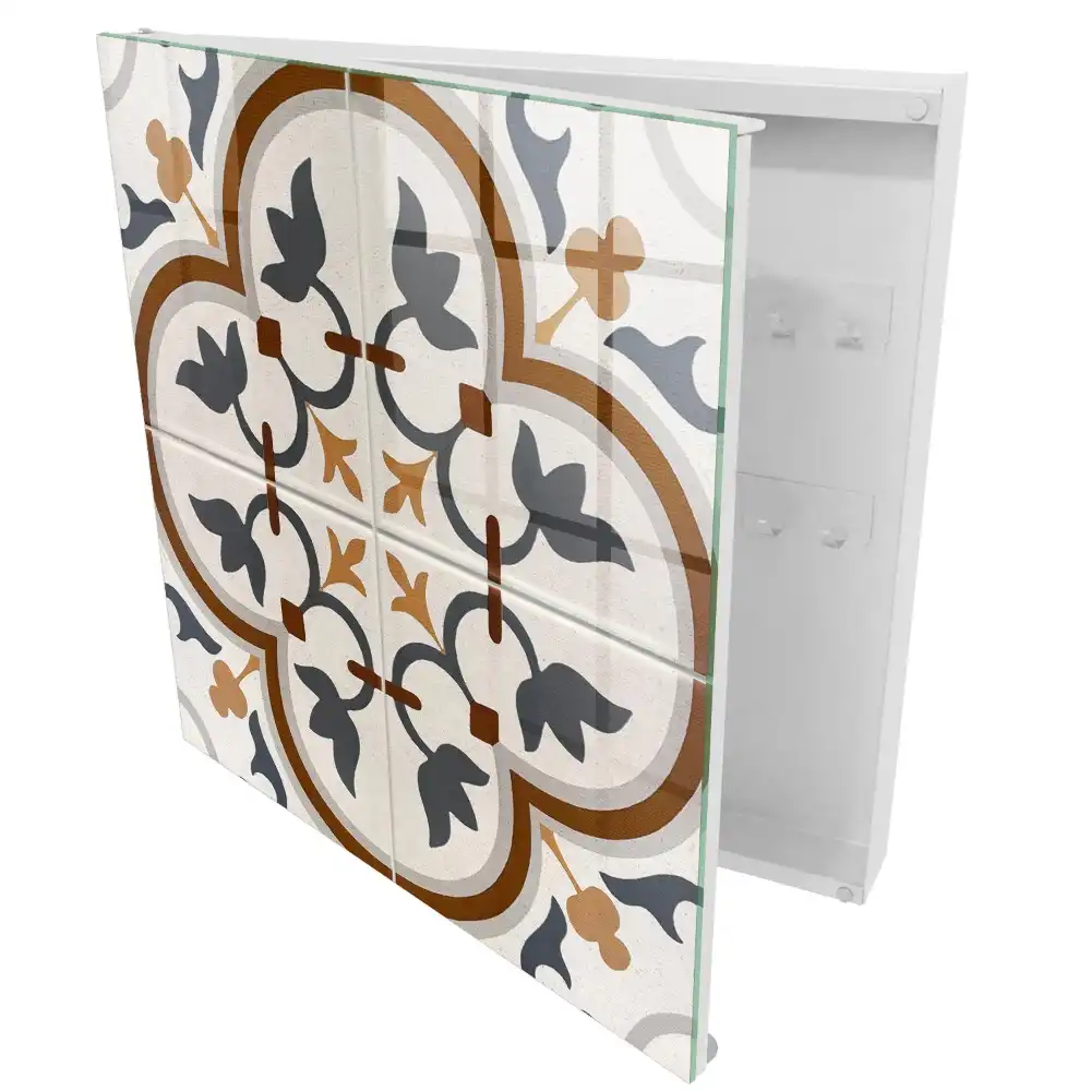 Armoire à clés géométrie florale avec une dominance de beige et de gris