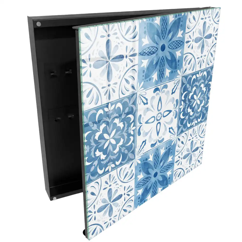 Boîte à clés murale motifs de carreaux bleus et blancs