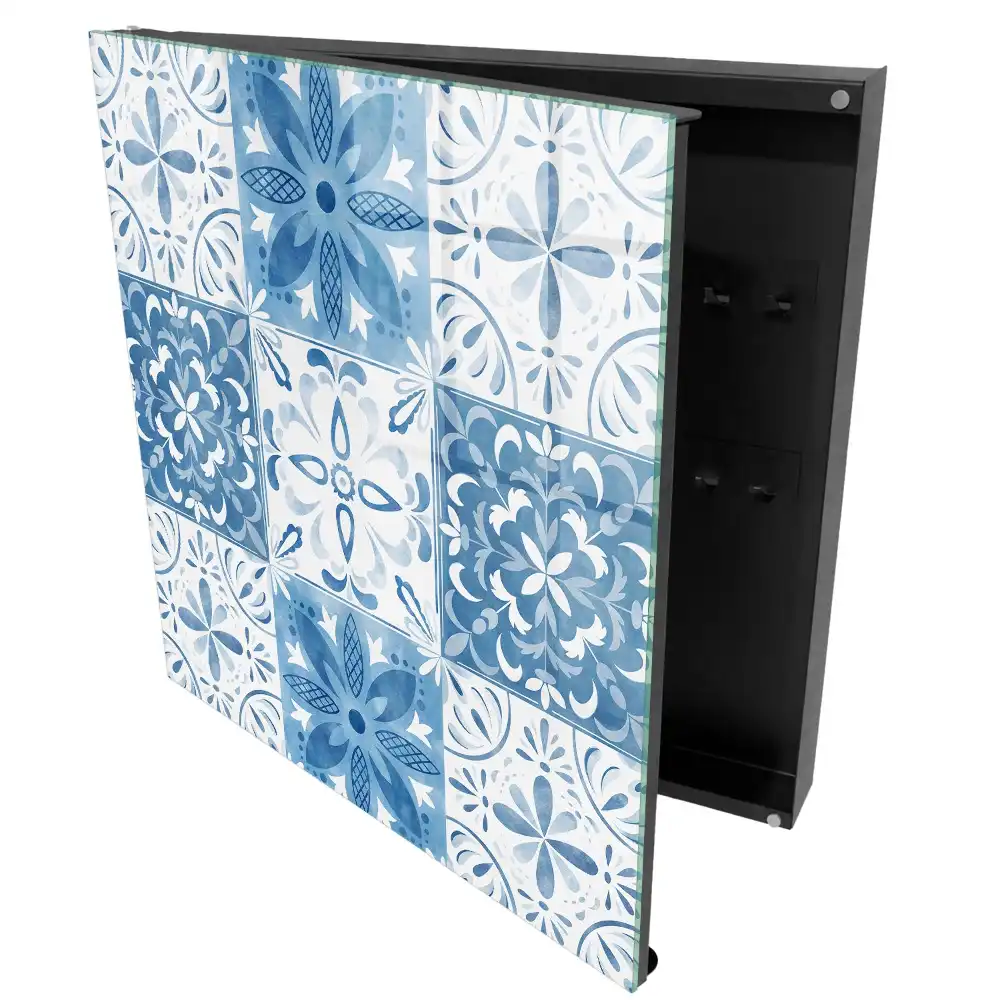 Boîte à clés murale motifs de carreaux bleus et blancs