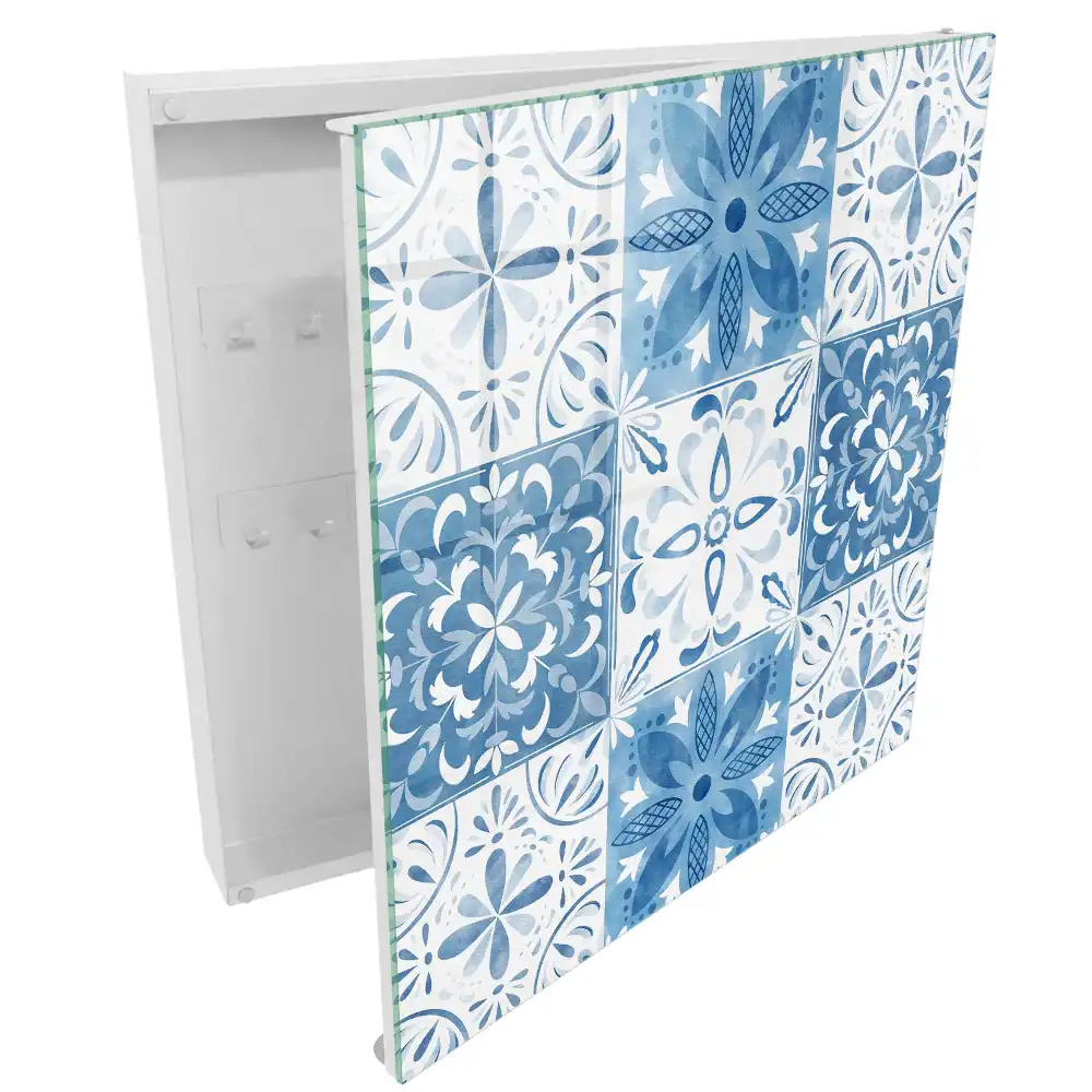 Boîte à clés murale motifs de carreaux bleus et blancs