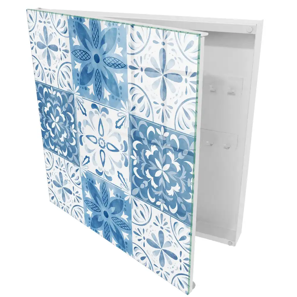 Boîte à clés murale motifs de carreaux bleus et blancs