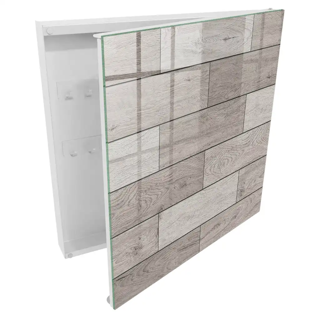 Armoire à clés motifs de bois dans des tons de gris avec une composition symétrique