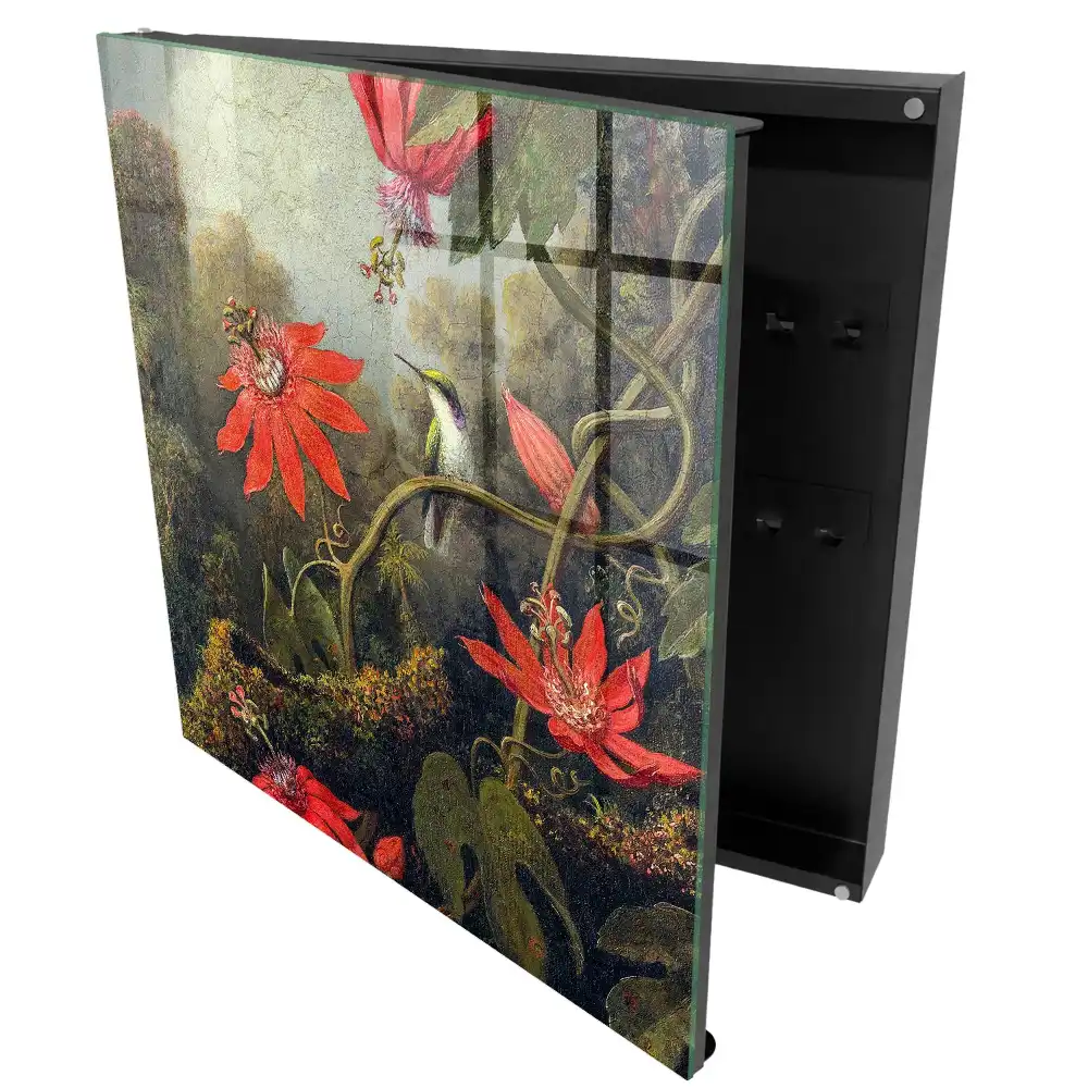 Boîte à clés fleurs exotiques et colibris dans une forêt dense