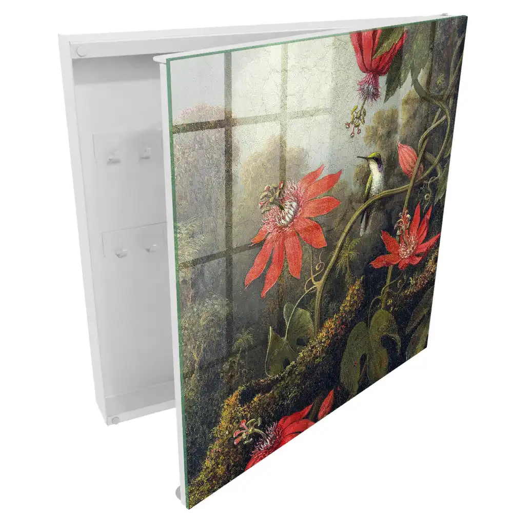 Boîte à clés fleurs exotiques et colibris dans une forêt dense