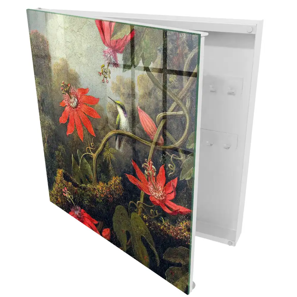 Boîte à clés fleurs exotiques et colibris dans une forêt dense
