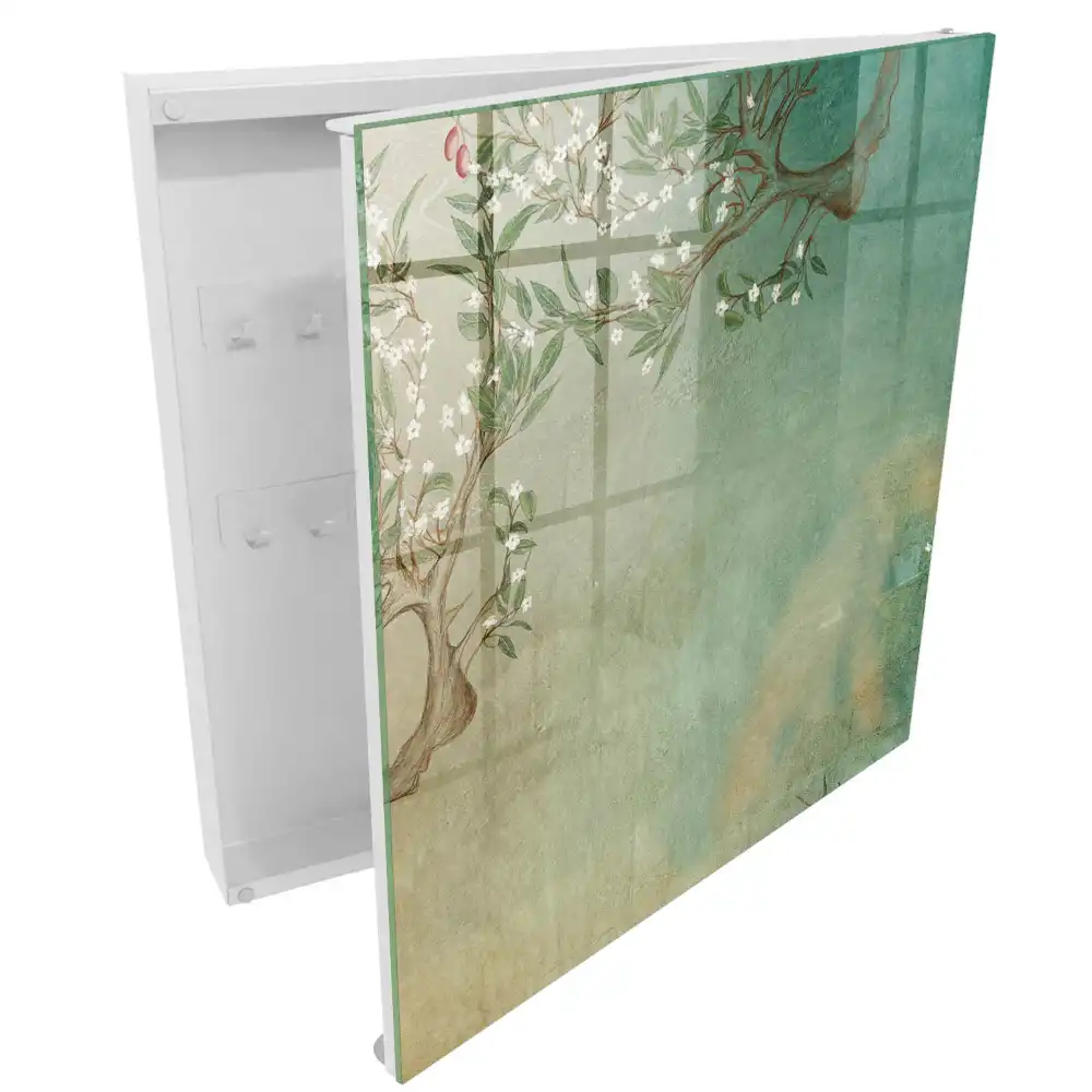 Boîte à clés un arbre aux fleurs blanches sur fond turquoise
