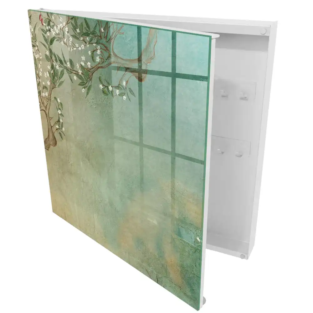 Boîte à clés un arbre aux fleurs blanches sur fond turquoise