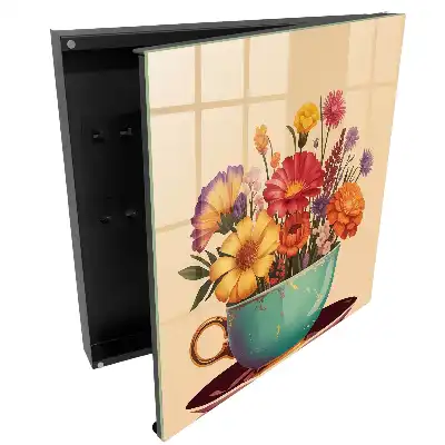 Boîte à clés murale fleurs dans une tasse turquoise sur fond beige