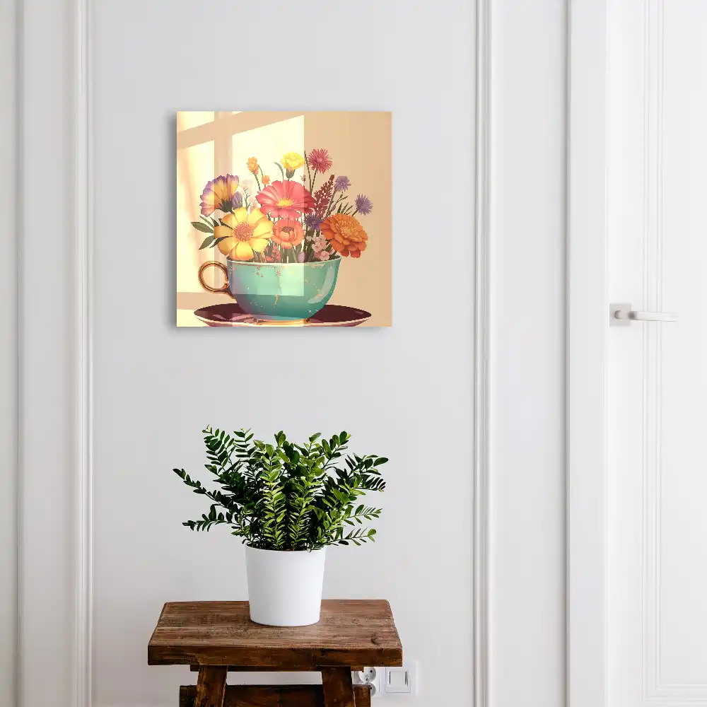 Boîte à clés murale fleurs dans une tasse turquoise sur fond beige