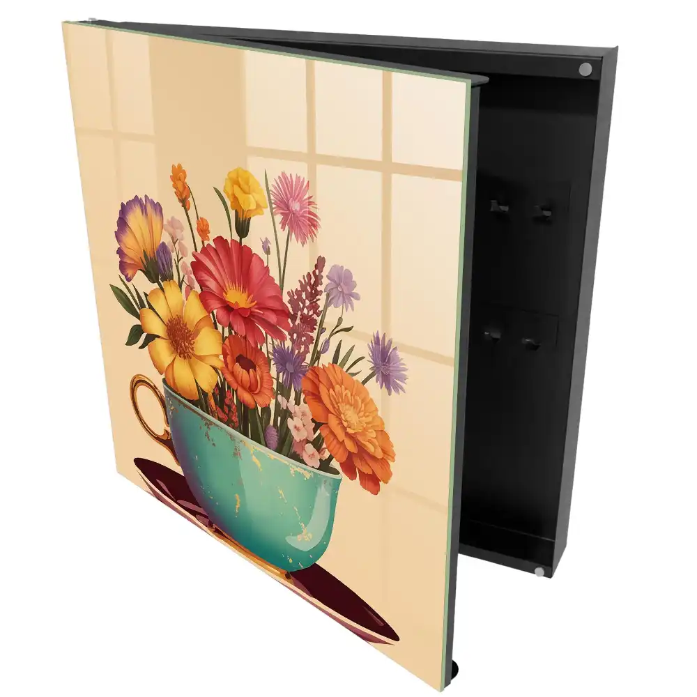 Boîte à clés murale fleurs dans une tasse turquoise sur fond beige