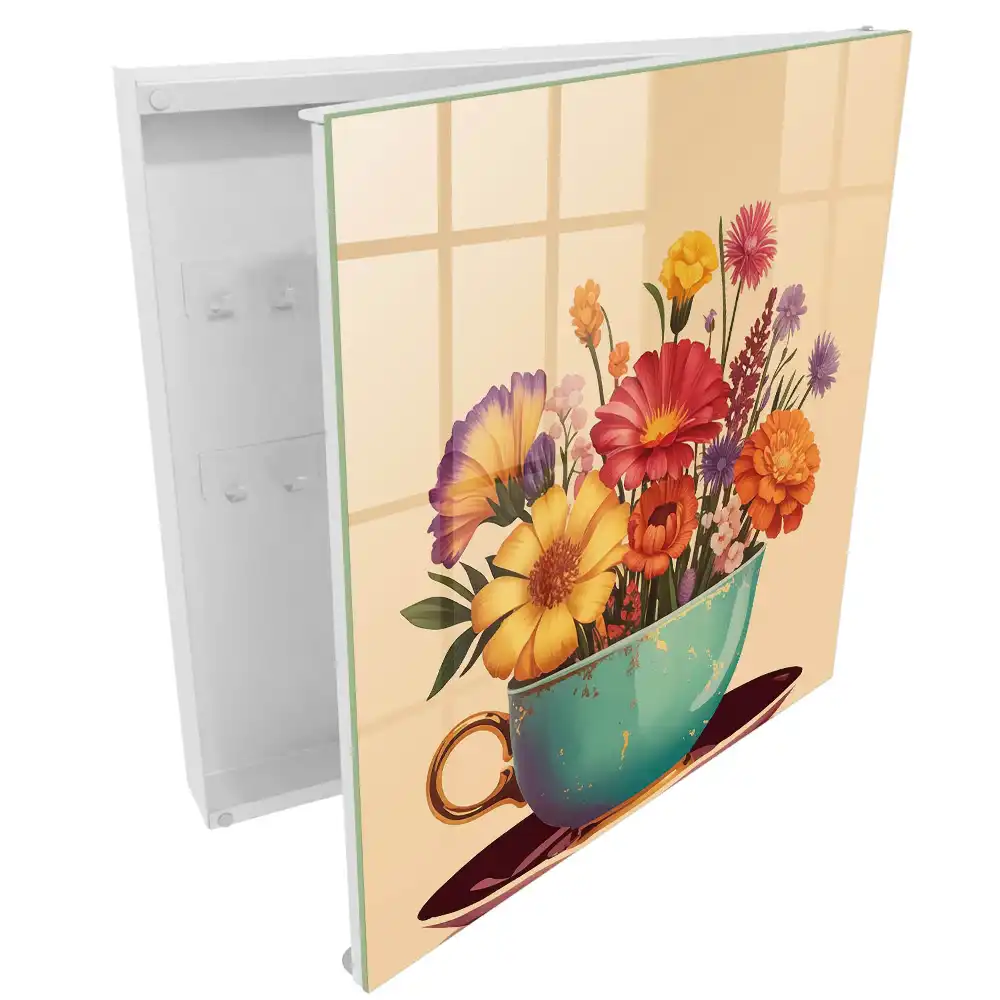 Boîte à clés murale fleurs dans une tasse turquoise sur fond beige