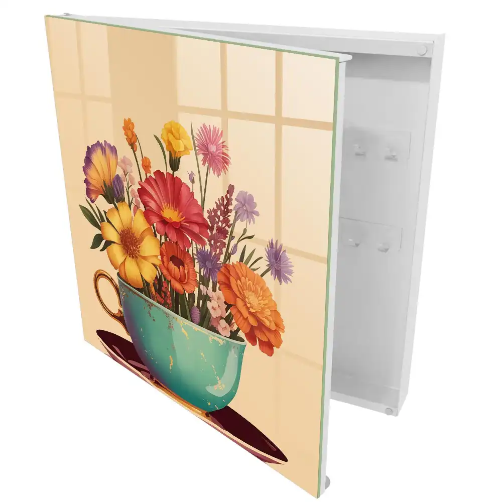 Boîte à clés murale fleurs dans une tasse turquoise sur fond beige