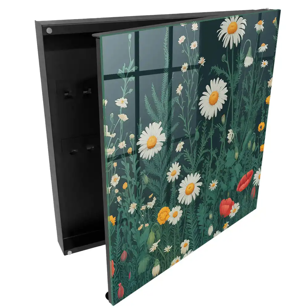Boîte à clés murale fleurs parmi la verdure sur fond bleu marine