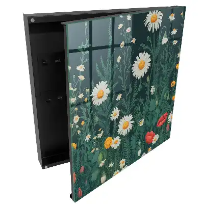 Boîte à clés murale fleurs parmi la verdure sur fond bleu marine