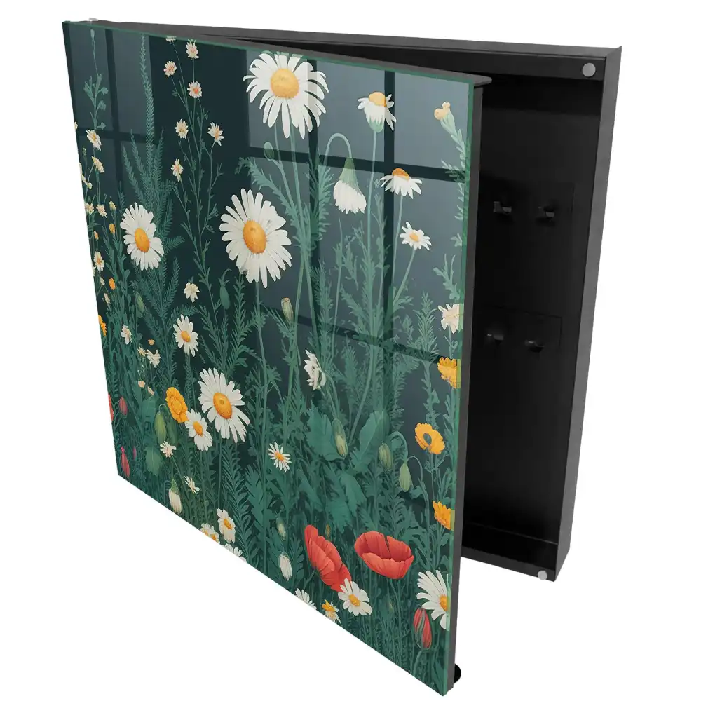 Boîte à clés murale fleurs parmi la verdure sur fond bleu marine