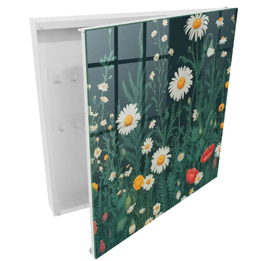 Boîte à clés murale fleurs parmi la verdure sur fond bleu marine