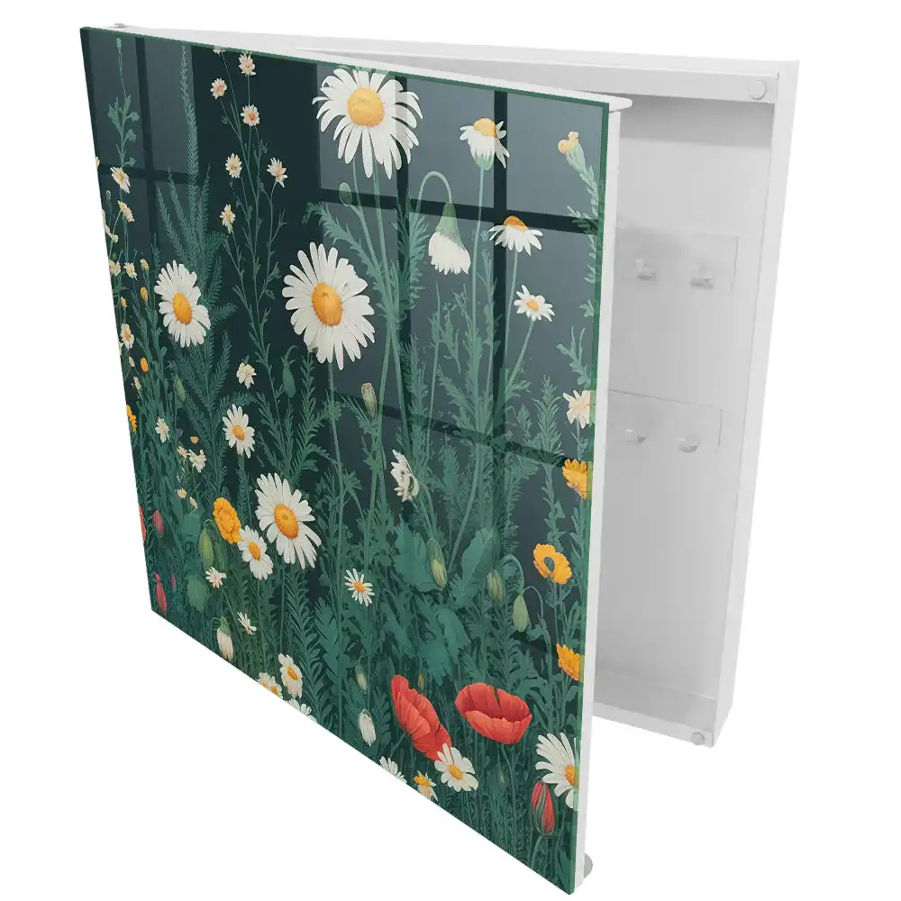Boîte à clés murale fleurs parmi la verdure sur fond bleu marine