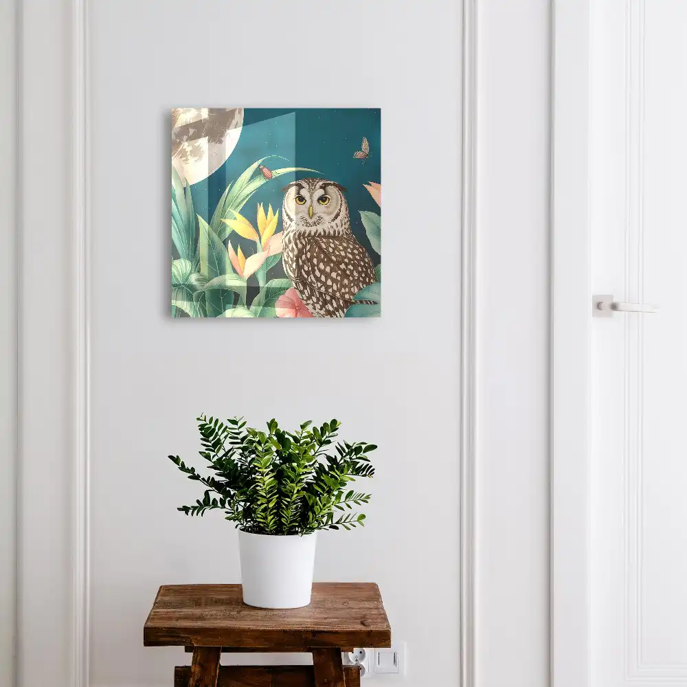 Armoire à clés hibou et plantes tropicales la nuit