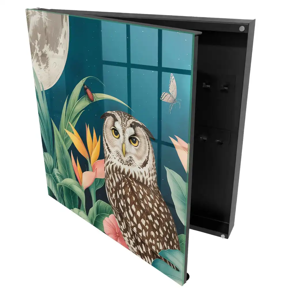 Armoire à clés hibou et plantes tropicales la nuit