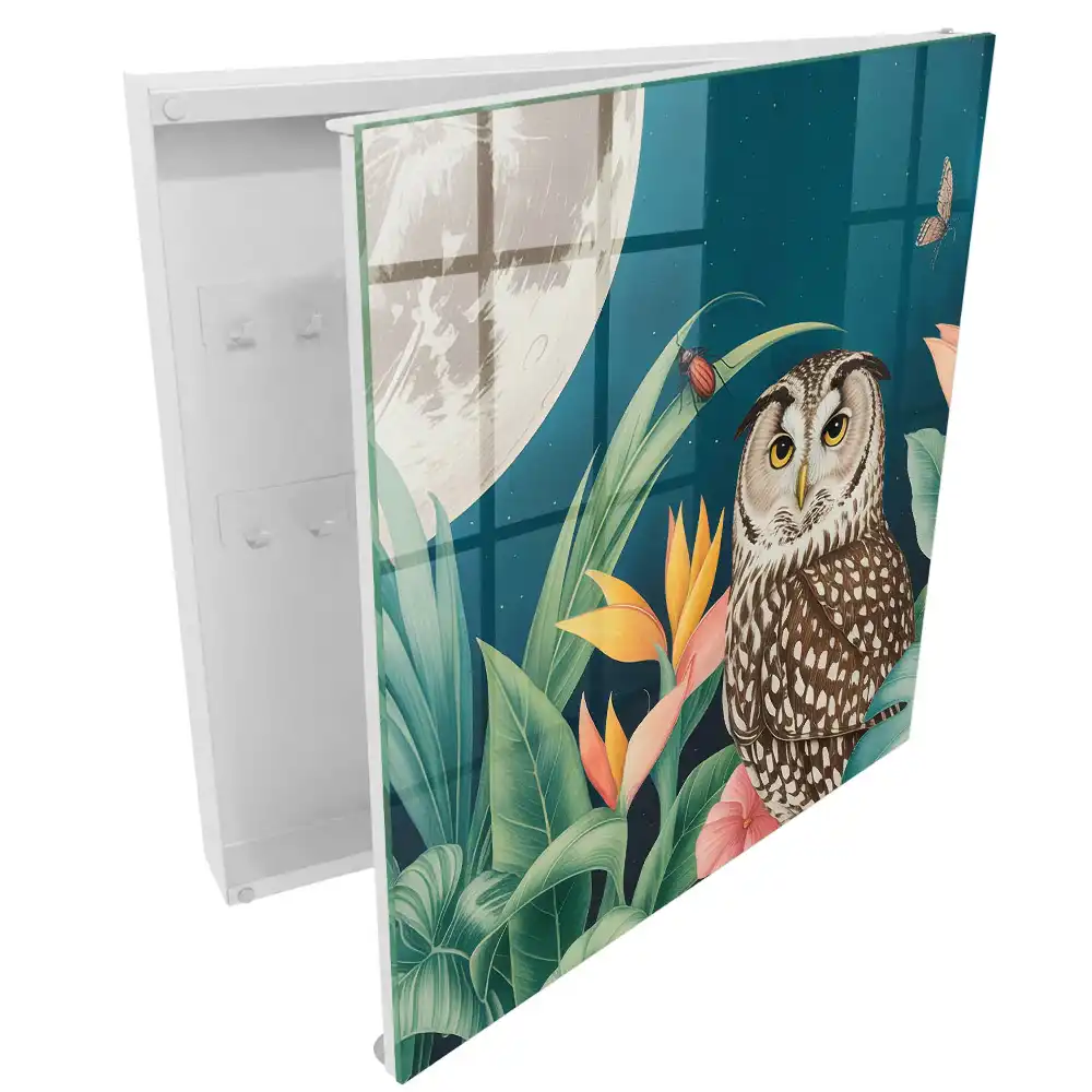 Armoire à clés hibou et plantes tropicales la nuit
