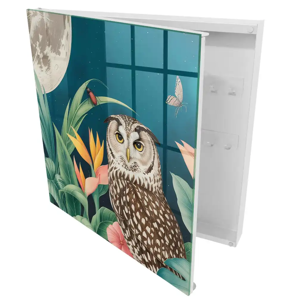 Armoire à clés hibou et plantes tropicales la nuit